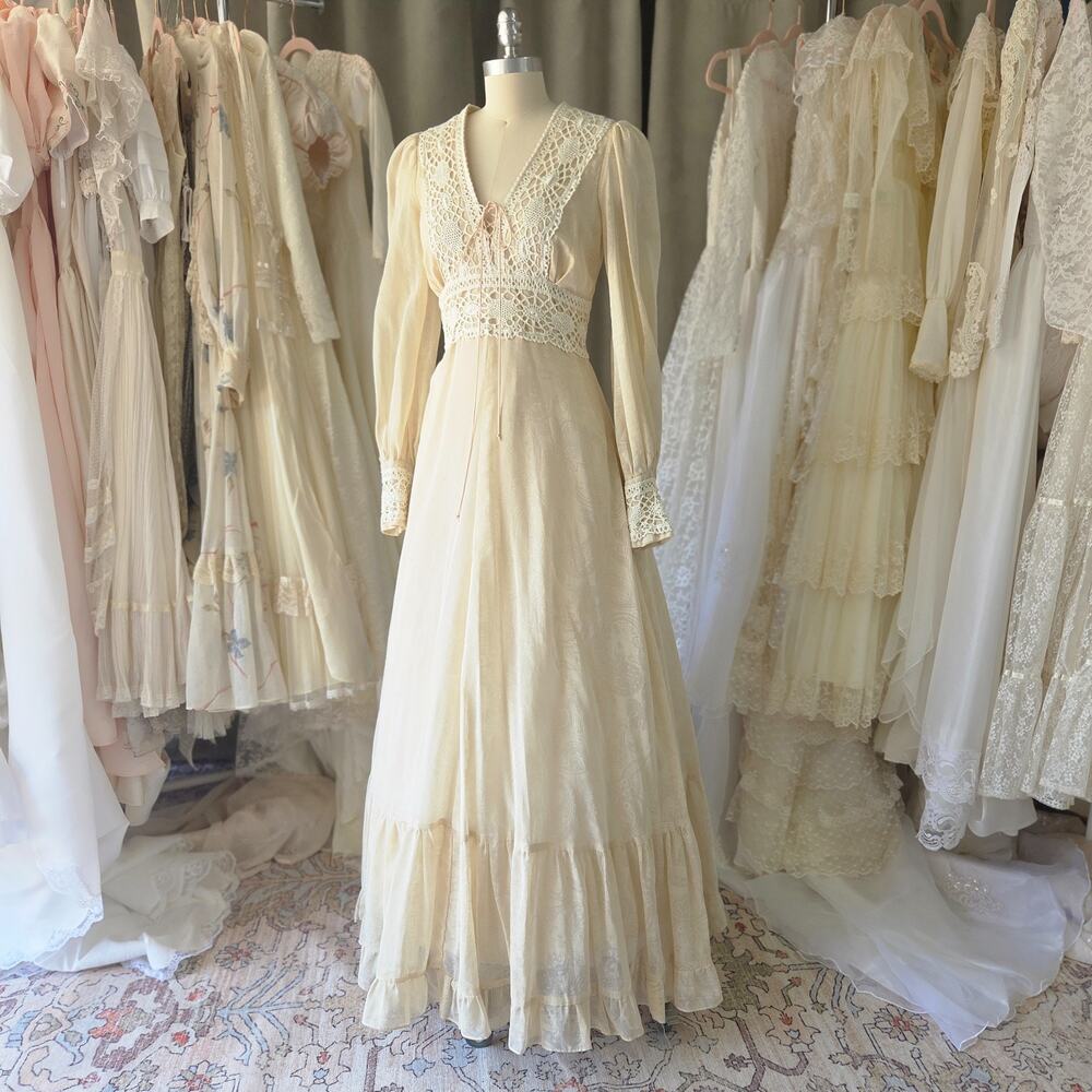Gunne Sax Phantom Paisley Maxi Dress Size 13 S M Corset Lace Up Wedding Gown VTG